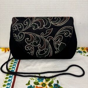 Carolyne Barton Black Velvet Flap Wristlet Clutch Painted Detail Party Purse